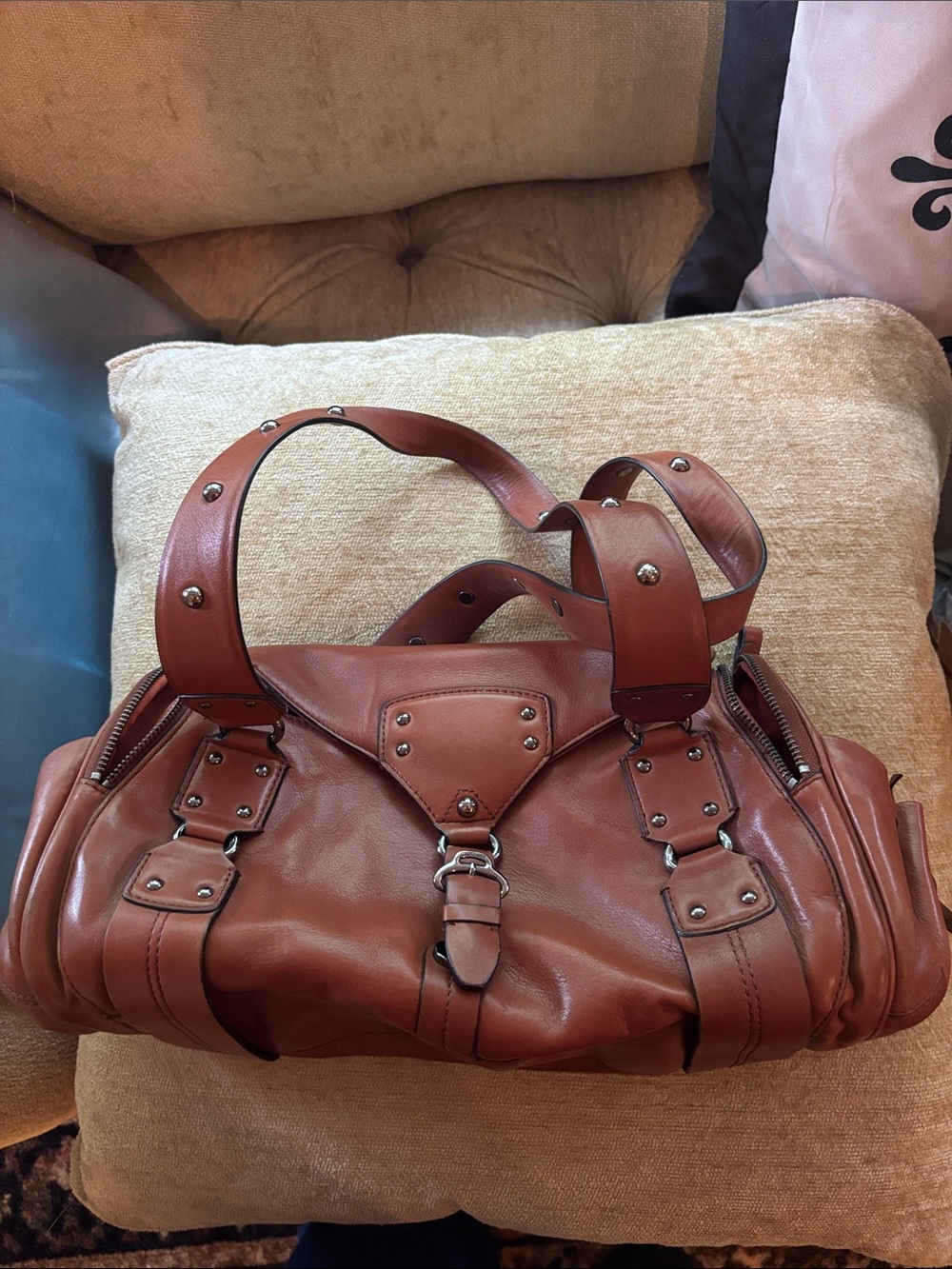 Cole Haan Brown Leather Stud-Accent Satchel Bag